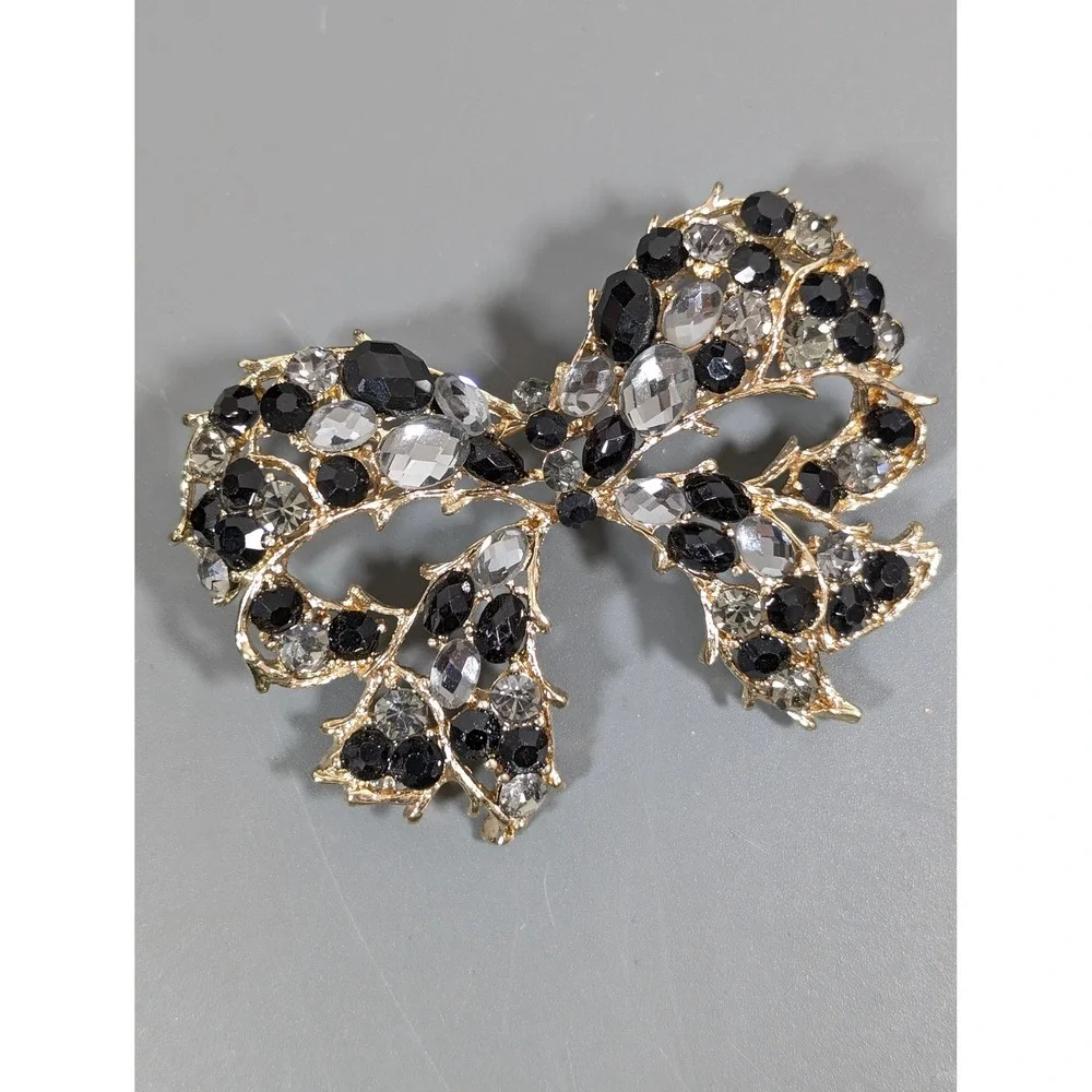 Large Gold Tone‎ Black Gray Rhinestone Bow Brooch Statement Ribbon Pin